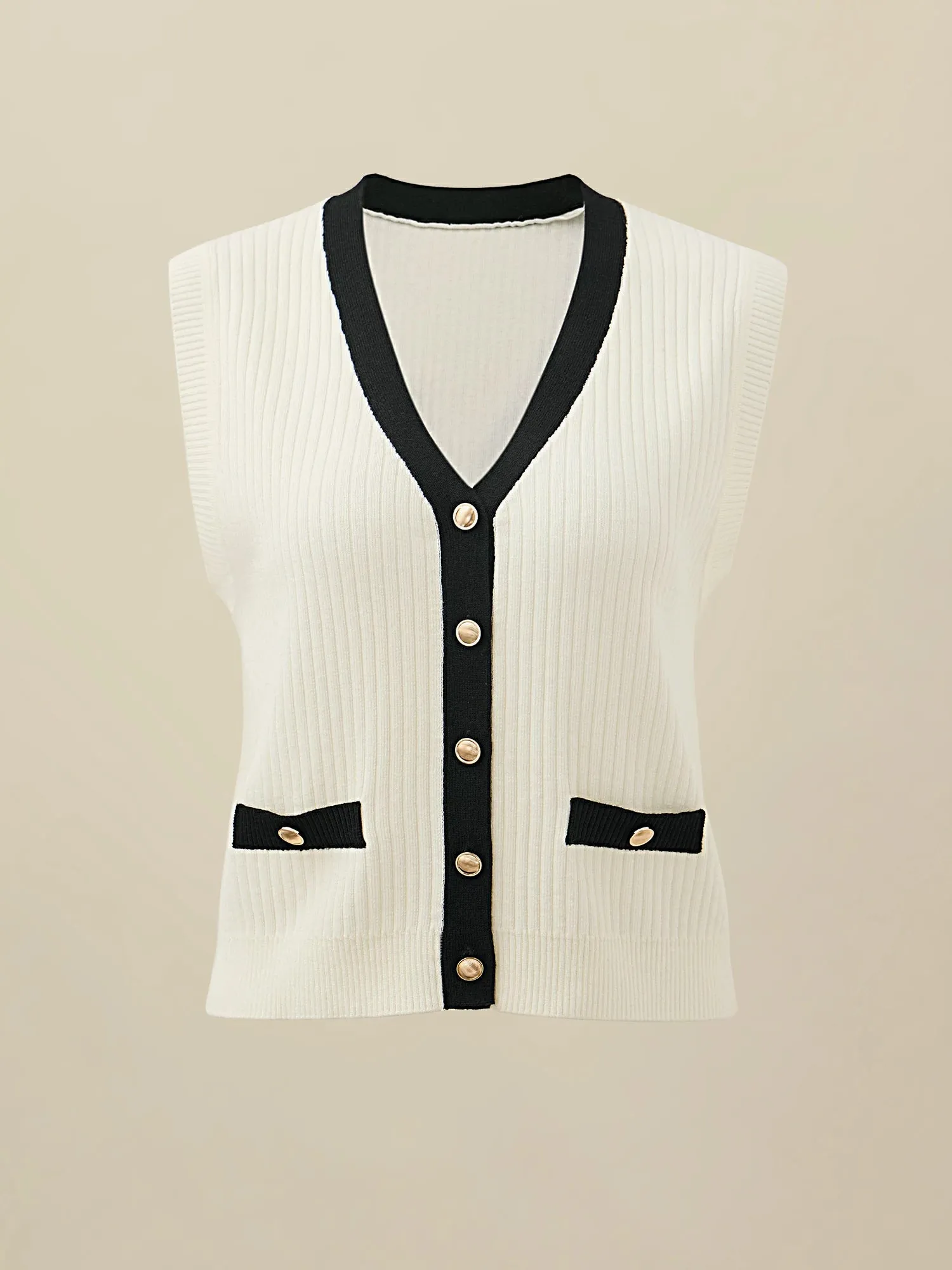 Amoretu Wool Sleeveless Knitted Contrast Cardigan Tank Top