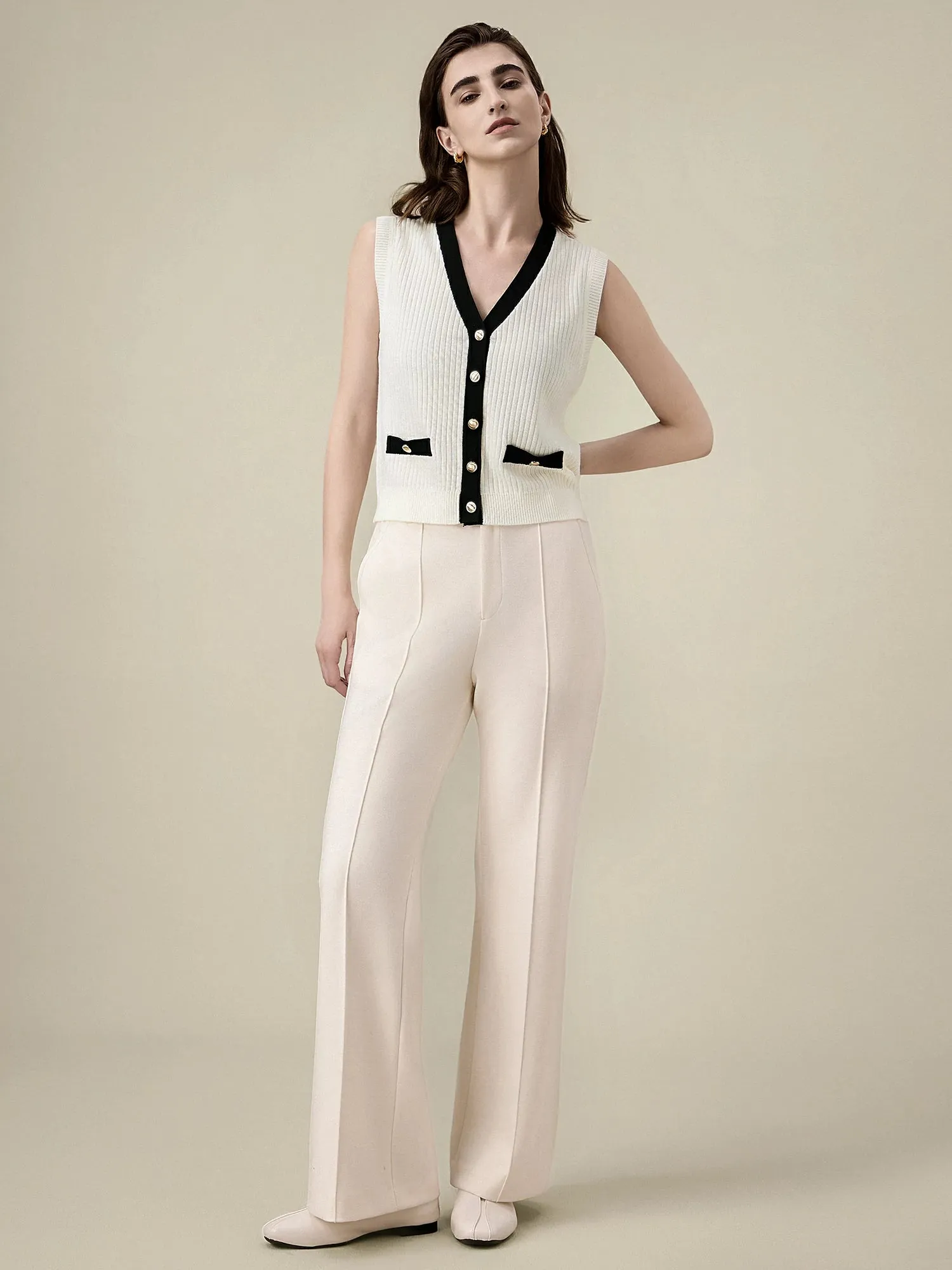 Amoretu Wool Sleeveless Knitted Contrast Cardigan Tank Top