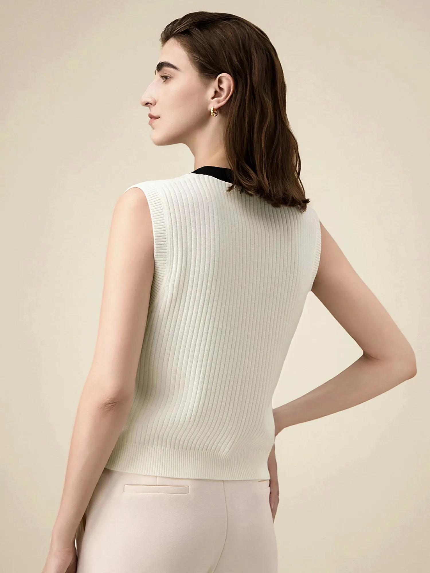 Amoretu Wool Sleeveless Knitted Contrast Cardigan Tank Top