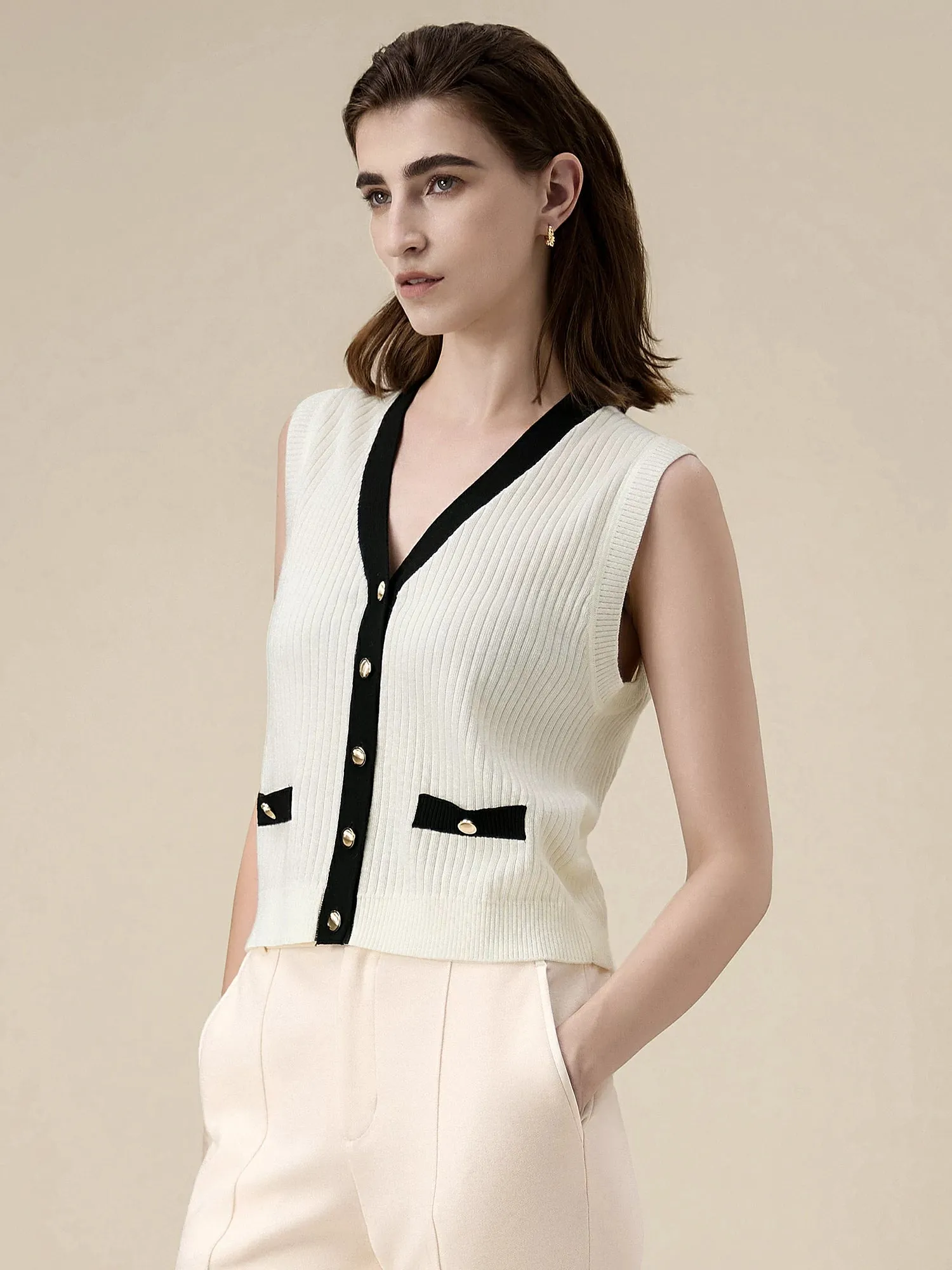 Amoretu Wool Sleeveless Knitted Contrast Cardigan Tank Top