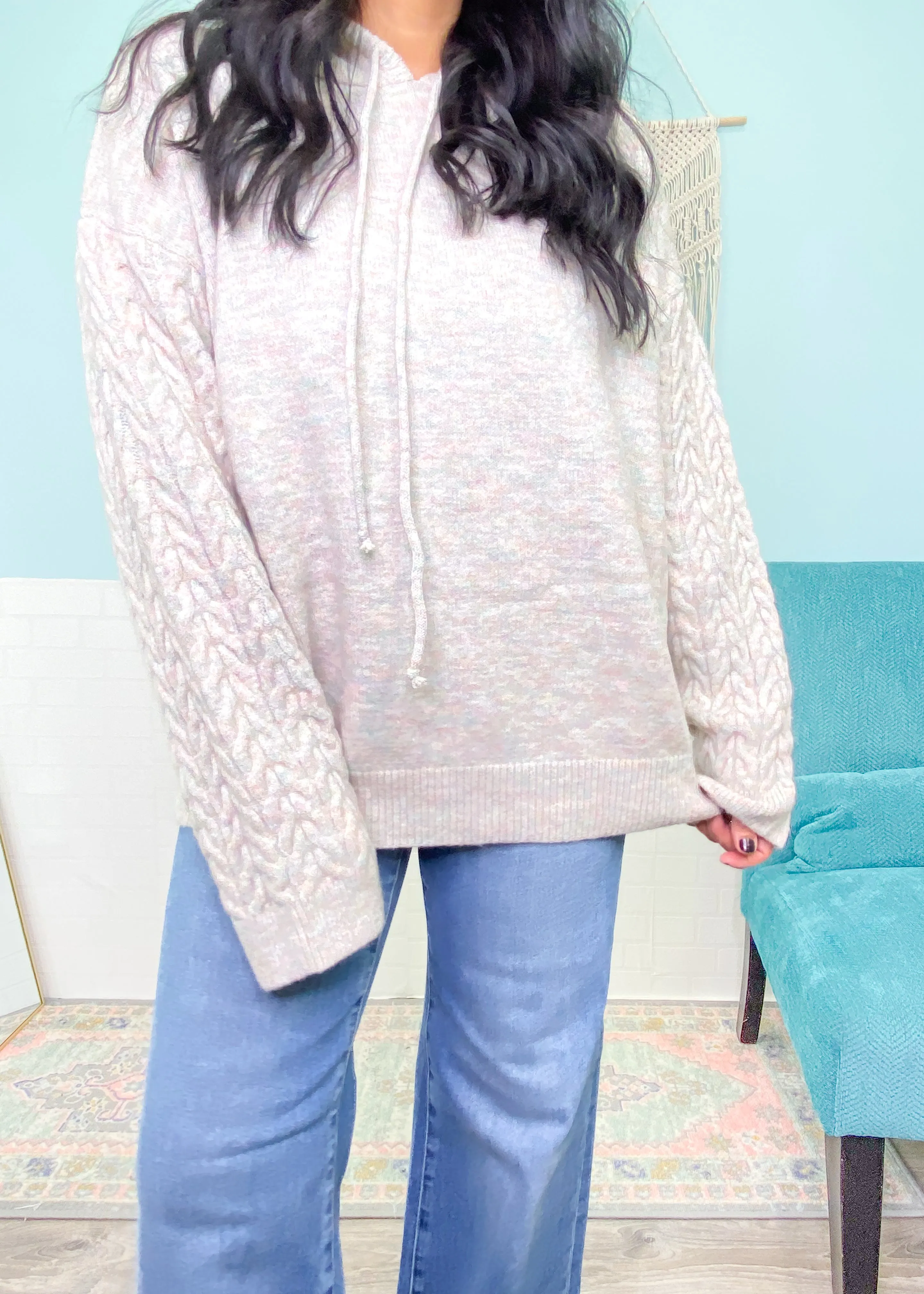 'Aria' Heather Gray with Marled Pink Cable Sleeve Sweater Hoodie