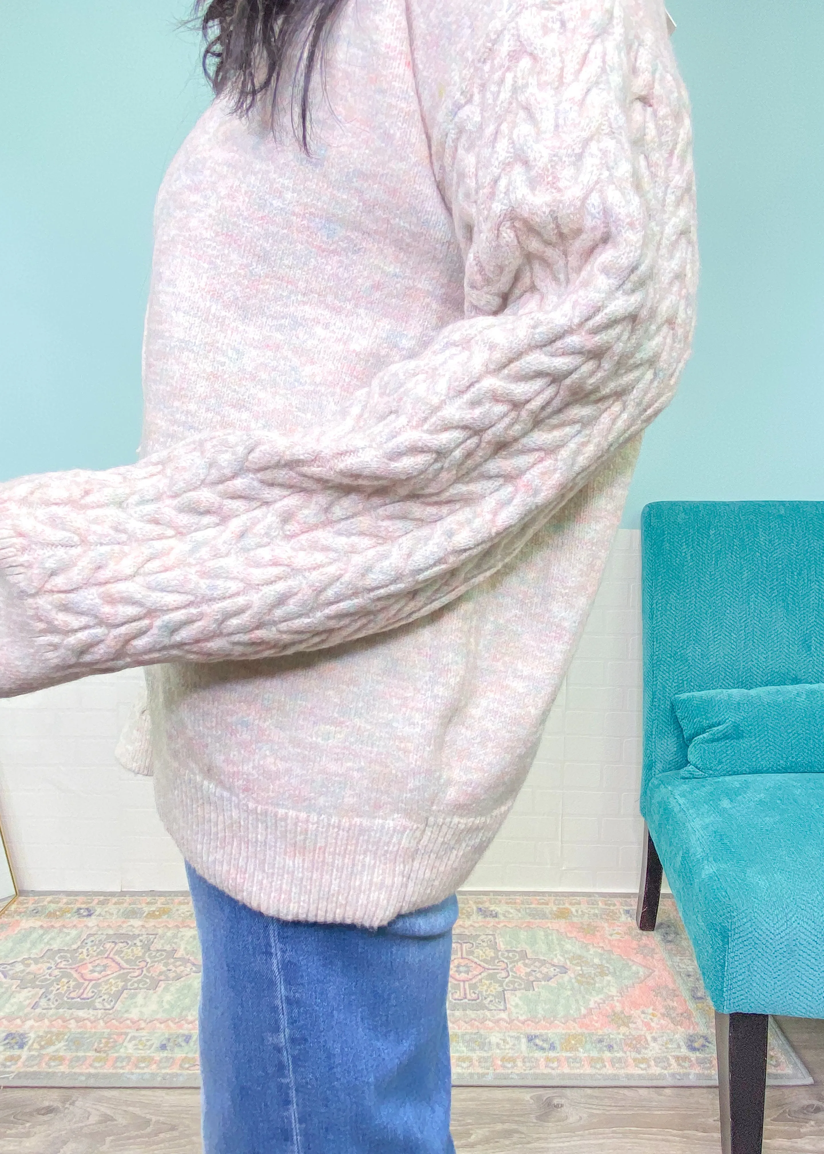'Aria' Heather Gray with Marled Pink Cable Sleeve Sweater Hoodie