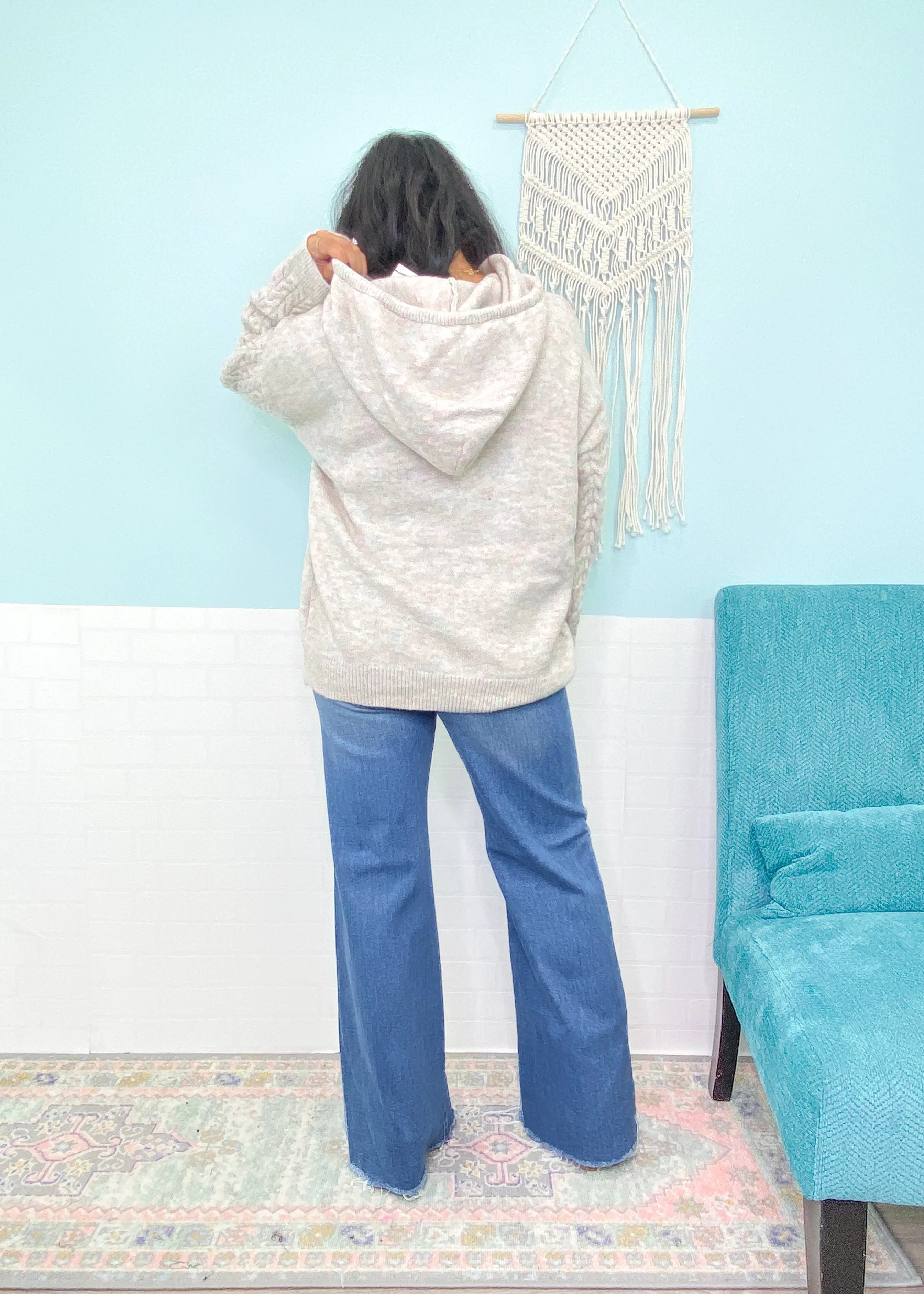 'Aria' Heather Gray with Marled Pink Cable Sleeve Sweater Hoodie