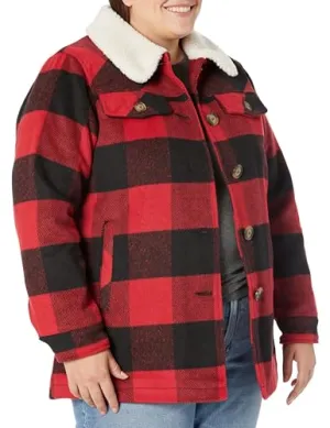 AVENUE Women's SOCIETIE  Plus Size Jacket Faux Wool Plaid, Black/RED