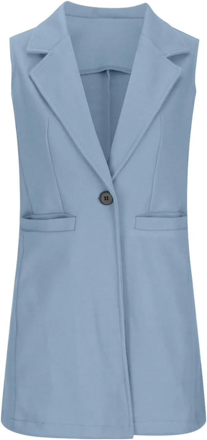 Binmer Women's Sleeveless Blazer Vest Fashion Woolen Trench Coat Casual One Button Longline Jackets Outerwear with Pockets