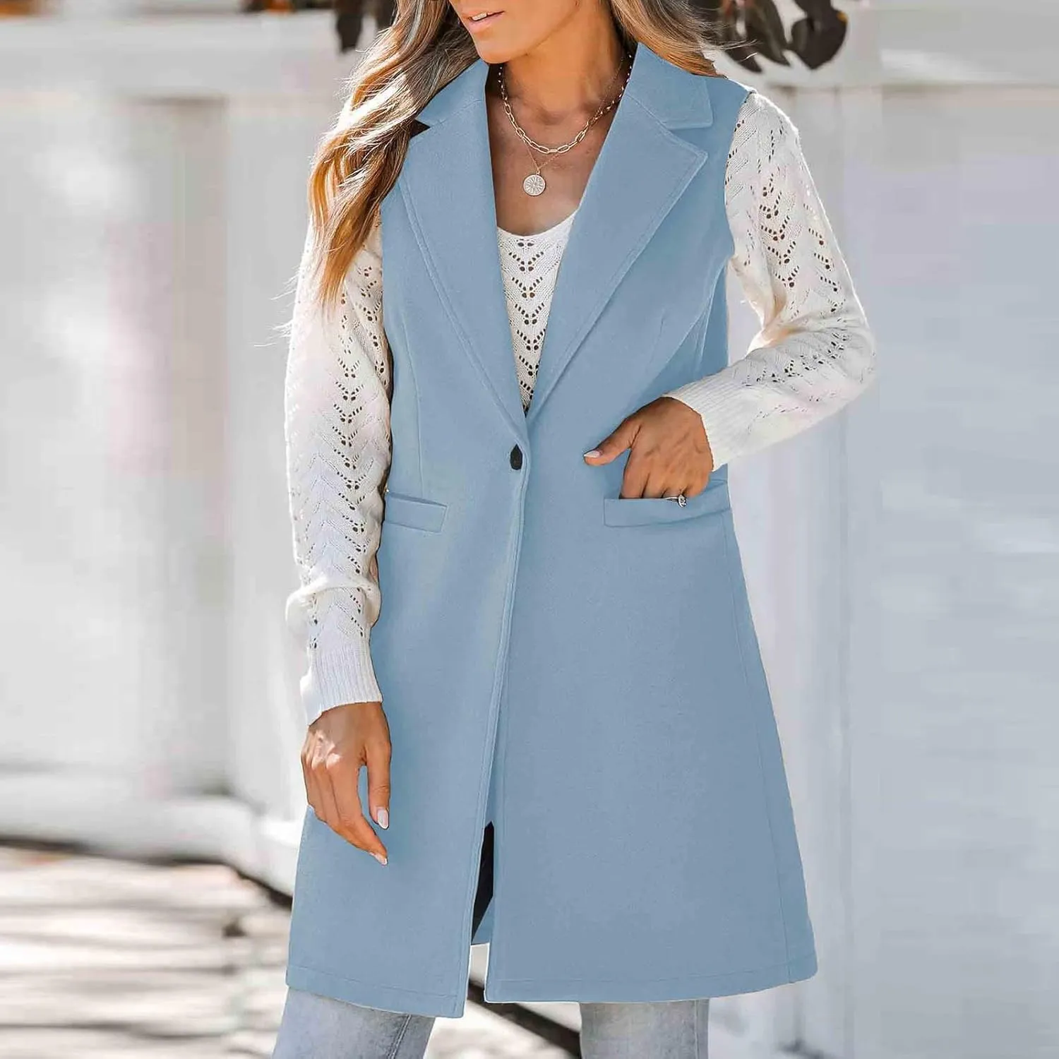 Binmer Women's Sleeveless Blazer Vest Fashion Woolen Trench Coat Casual One Button Longline Jackets Outerwear with Pockets