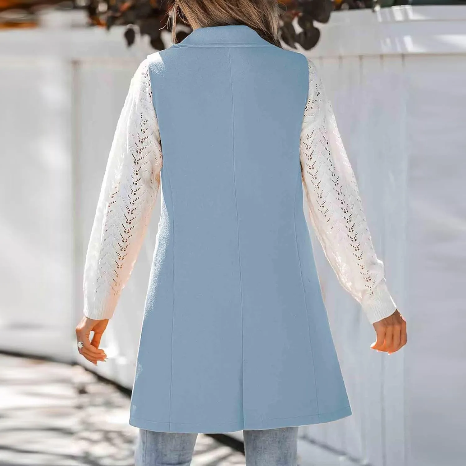 Binmer Women's Sleeveless Blazer Vest Fashion Woolen Trench Coat Casual One Button Longline Jackets Outerwear with Pockets