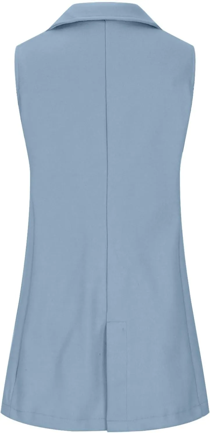Binmer Women's Sleeveless Blazer Vest Fashion Woolen Trench Coat Casual One Button Longline Jackets Outerwear with Pockets