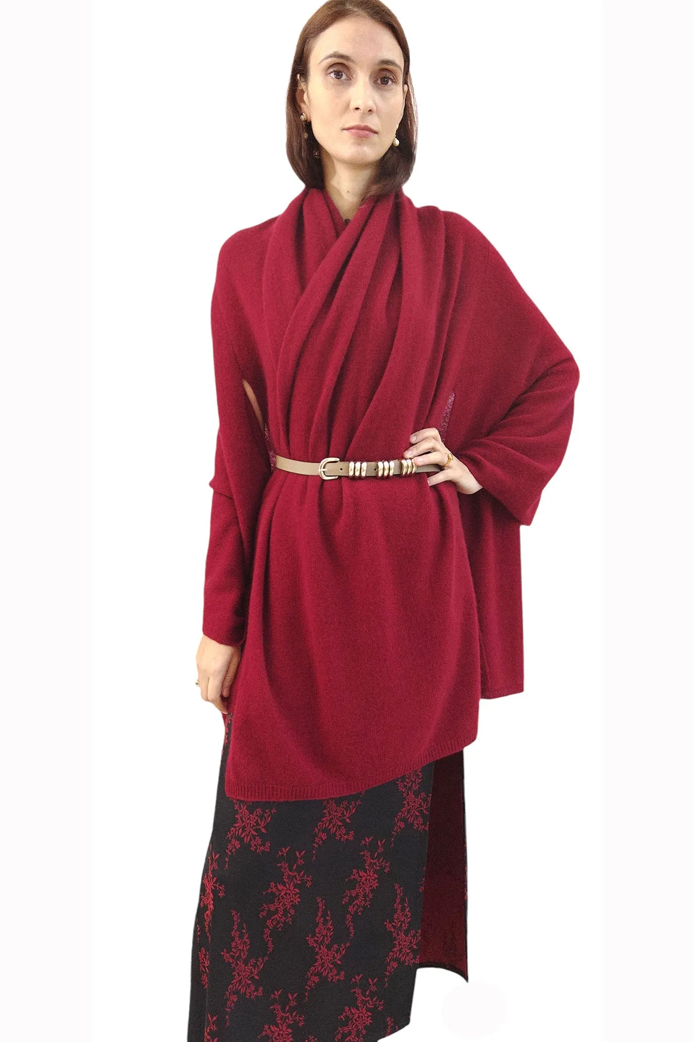 Cashmere wrap - Long versatile poncho - Bordeaux red