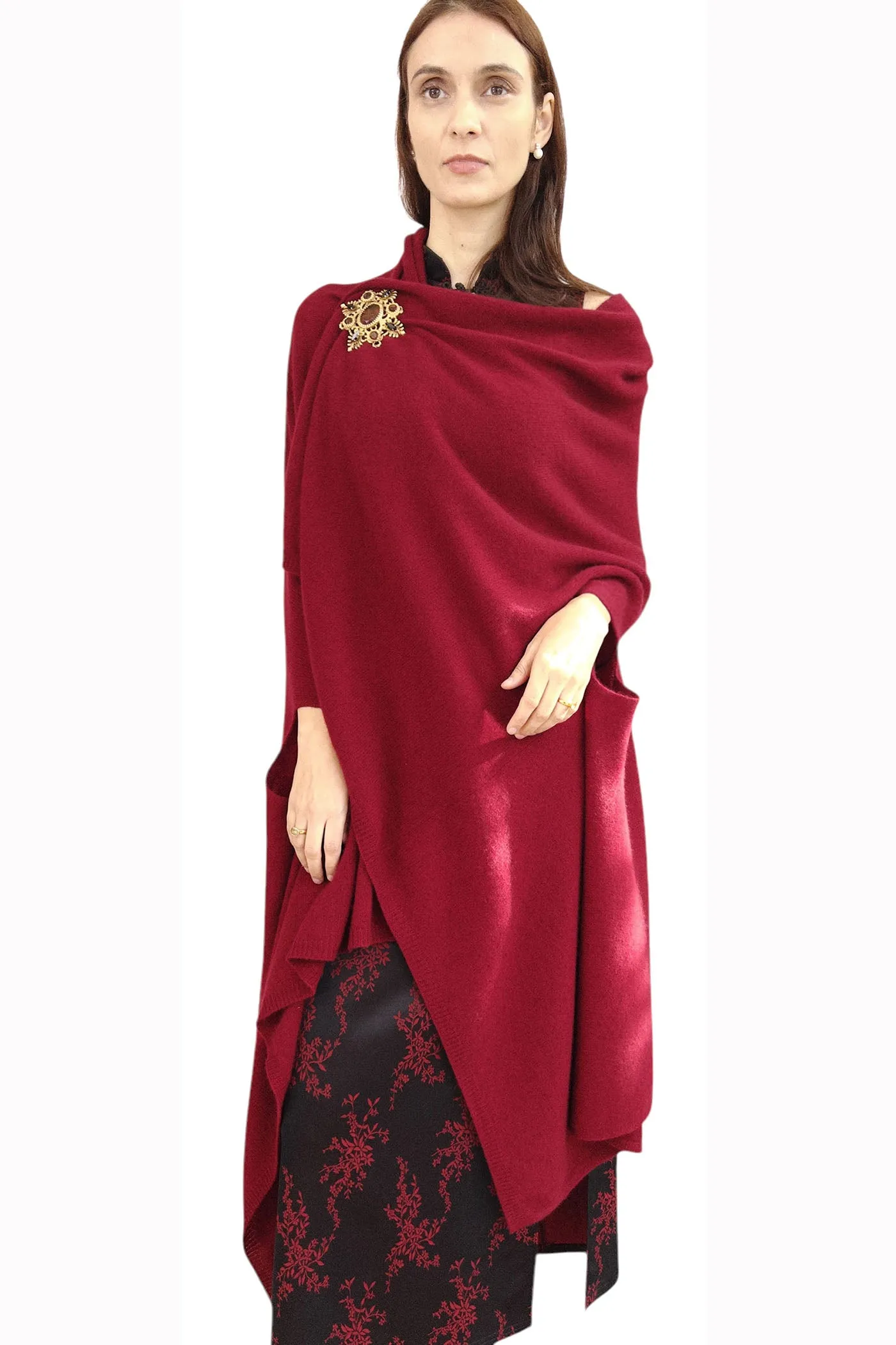 Cashmere wrap - Long versatile poncho - Bordeaux red
