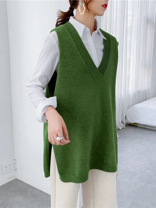 christmas outfit Sonicelife Trendy Sleeveless Split-Side Solid Color V-Neck Knitted Vest