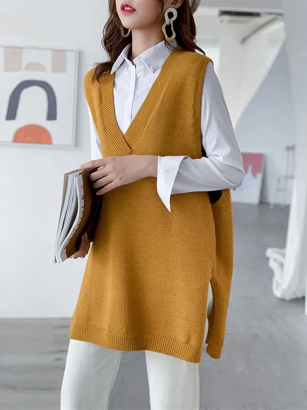 christmas outfit Sonicelife Trendy Sleeveless Split-Side Solid Color V-Neck Knitted Vest