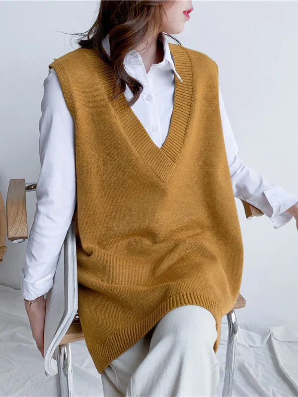 christmas outfit Sonicelife Trendy Sleeveless Split-Side Solid Color V-Neck Knitted Vest