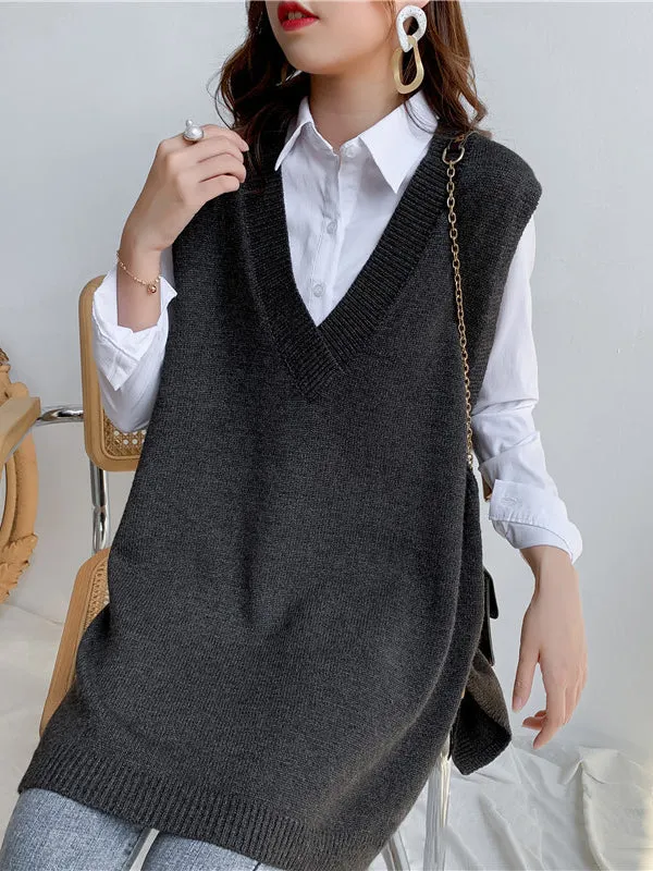 christmas outfit Sonicelife Trendy Sleeveless Split-Side Solid Color V-Neck Knitted Vest