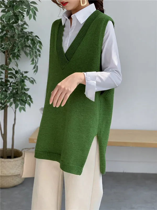 christmas outfit Sonicelife Trendy Sleeveless Split-Side Solid Color V-Neck Knitted Vest