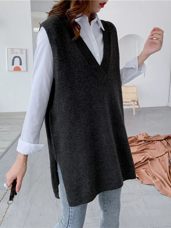 christmas outfit Sonicelife Trendy Sleeveless Split-Side Solid Color V-Neck Knitted Vest