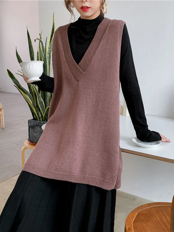 christmas outfit Sonicelife Trendy Sleeveless Split-Side Solid Color V-Neck Knitted Vest