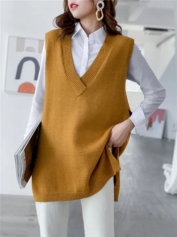 christmas outfit Sonicelife Trendy Sleeveless Split-Side Solid Color V-Neck Knitted Vest