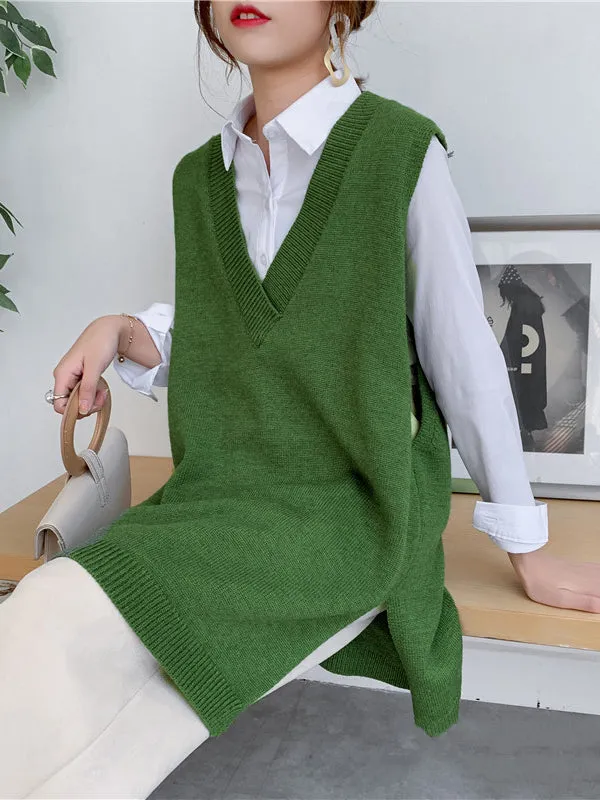 christmas outfit Sonicelife Trendy Sleeveless Split-Side Solid Color V-Neck Knitted Vest
