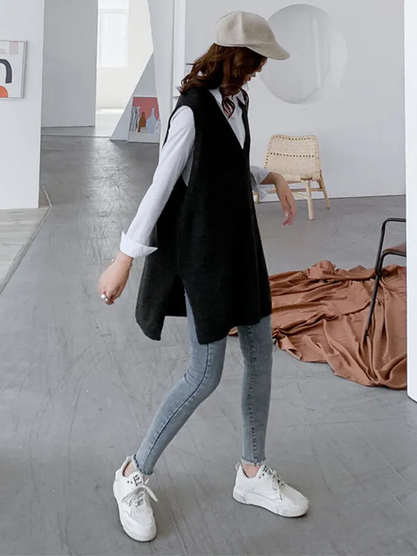 christmas outfit Sonicelife Trendy Sleeveless Split-Side Solid Color V-Neck Knitted Vest