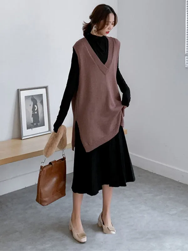 christmas outfit Sonicelife Trendy Sleeveless Split-Side Solid Color V-Neck Knitted Vest