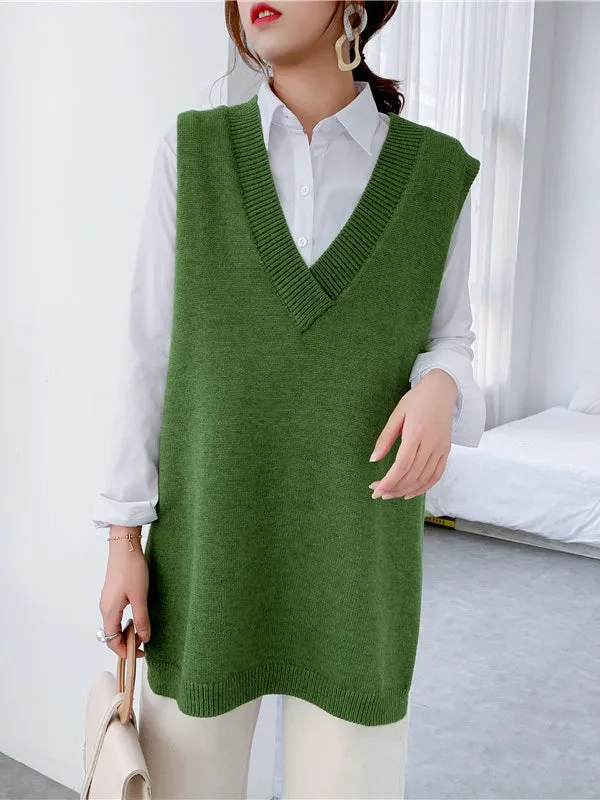 christmas outfit Sonicelife Trendy Sleeveless Split-Side Solid Color V-Neck Knitted Vest