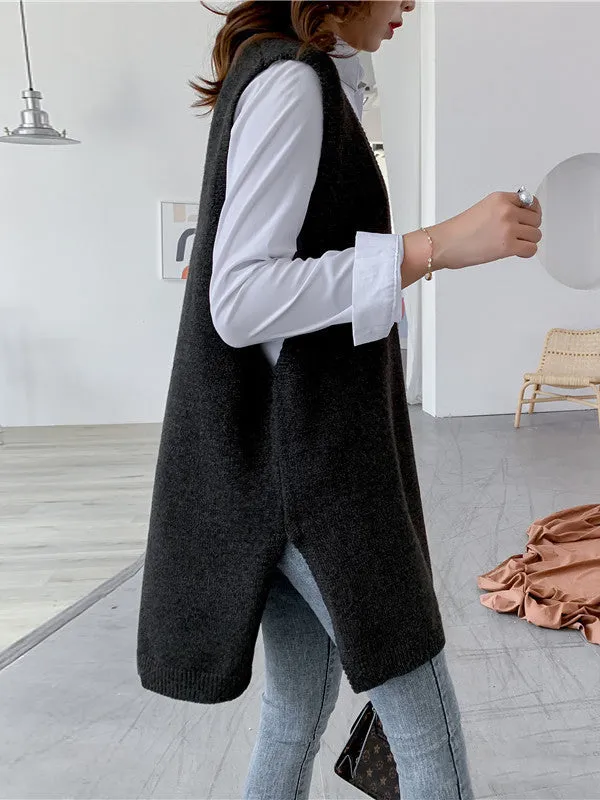 christmas outfit Sonicelife Trendy Sleeveless Split-Side Solid Color V-Neck Knitted Vest