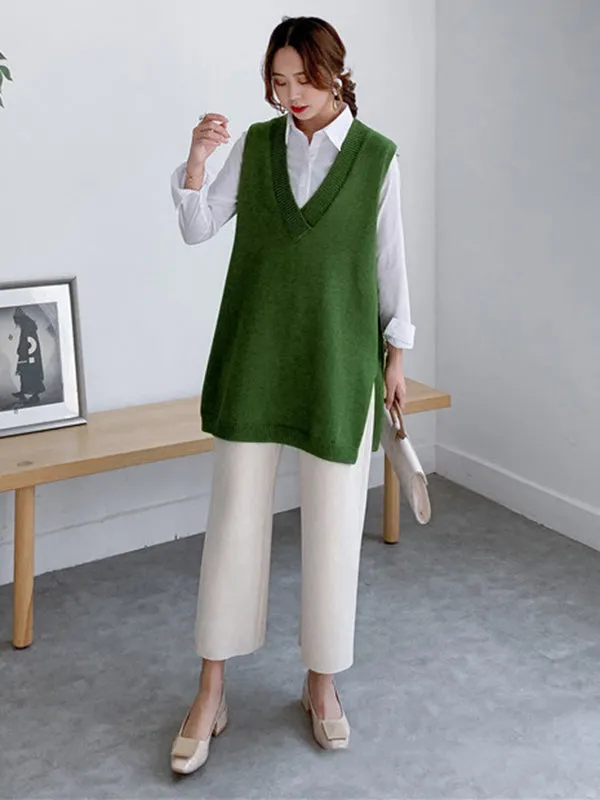 christmas outfit Sonicelife Trendy Sleeveless Split-Side Solid Color V-Neck Knitted Vest