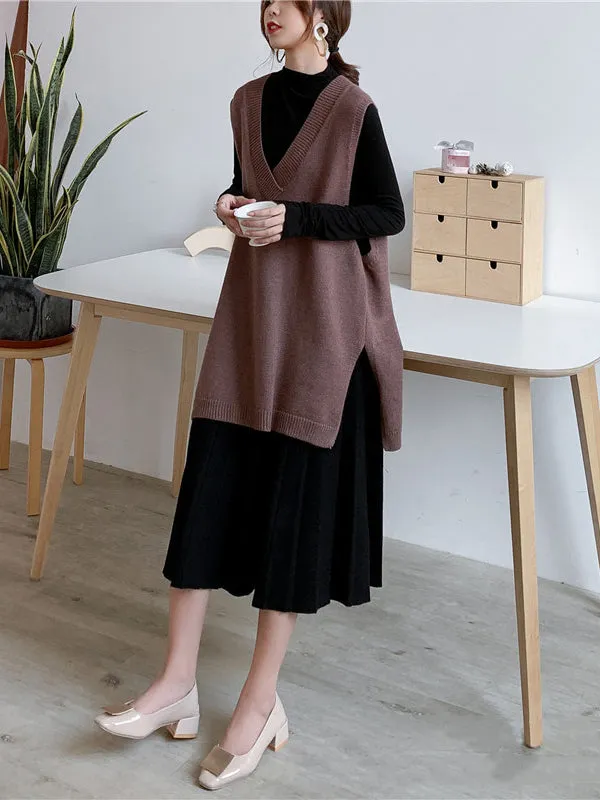 christmas outfit Sonicelife Trendy Sleeveless Split-Side Solid Color V-Neck Knitted Vest