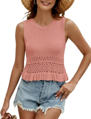 CiCiBird Women Cute Crop Sweaters Vest Knit Sleeveless Pullover Tops Crochet Ruffle Hem Tank