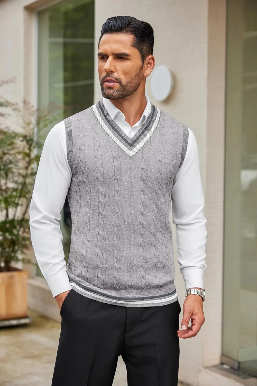COOFANDY Men's Sweater Vest V Neck Casual Sleeveless Pullover Striped Cable Knit Sweater Vest