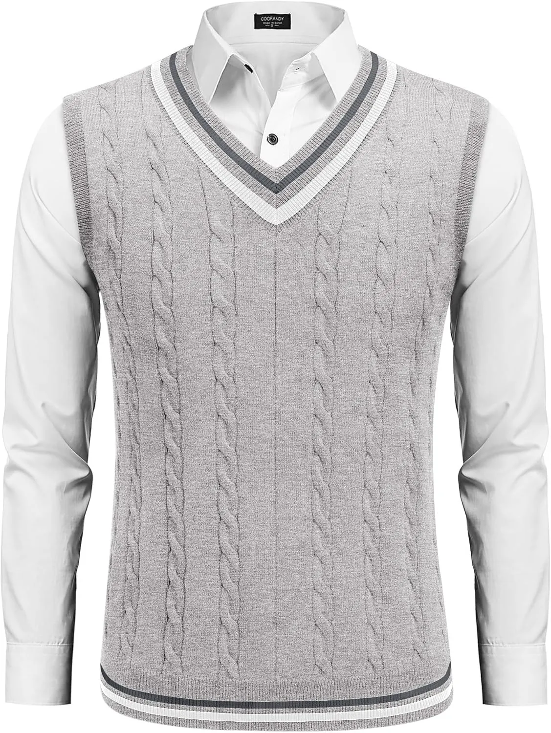 COOFANDY Men's Sweater Vest V Neck Casual Sleeveless Pullover Striped Cable Knit Sweater Vest