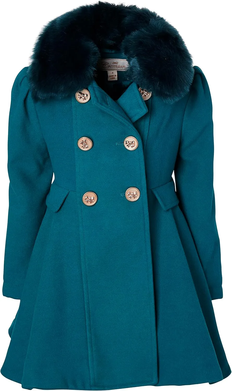 Cremson Girls? Wool Look Princess Winter Dress Pea Coat Jacket Faux Fur Collar