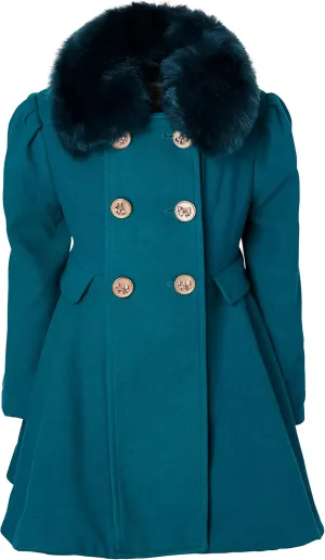Cremson Girls? Wool Look Princess Winter Dress Pea Coat Jacket Faux Fur Collar