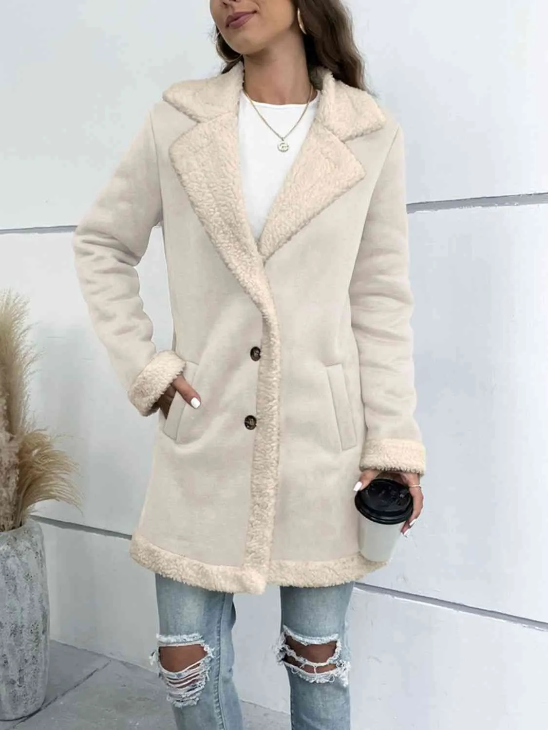 Double Take Lapel Collar Teddy Lining Button Down Longline Shacket Coat