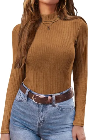 Ekouaer Women's Mock Turtleneck Long Sleeve Shirts Ribbed Knit Lightweight Pullover Sweater Stretch Fitted Thermal Top