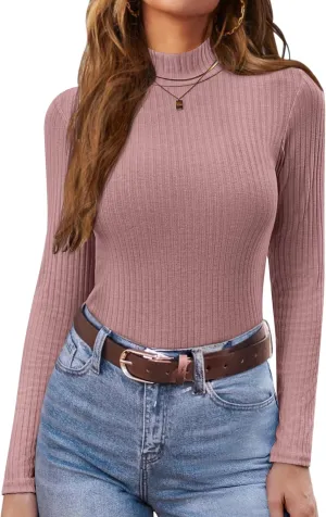 Ekouaer Women's Mock Turtleneck Long Sleeve Shirts Ribbed Knit Lightweight Pullover Sweater Stretch Fitted Thermal Top
