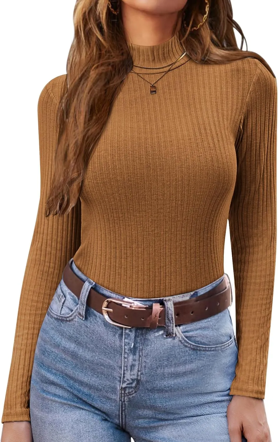 Ekouaer Women's Mock Turtleneck Long Sleeve Shirts Ribbed Knit Lightweight Pullover Sweater Stretch Fitted Thermal Top