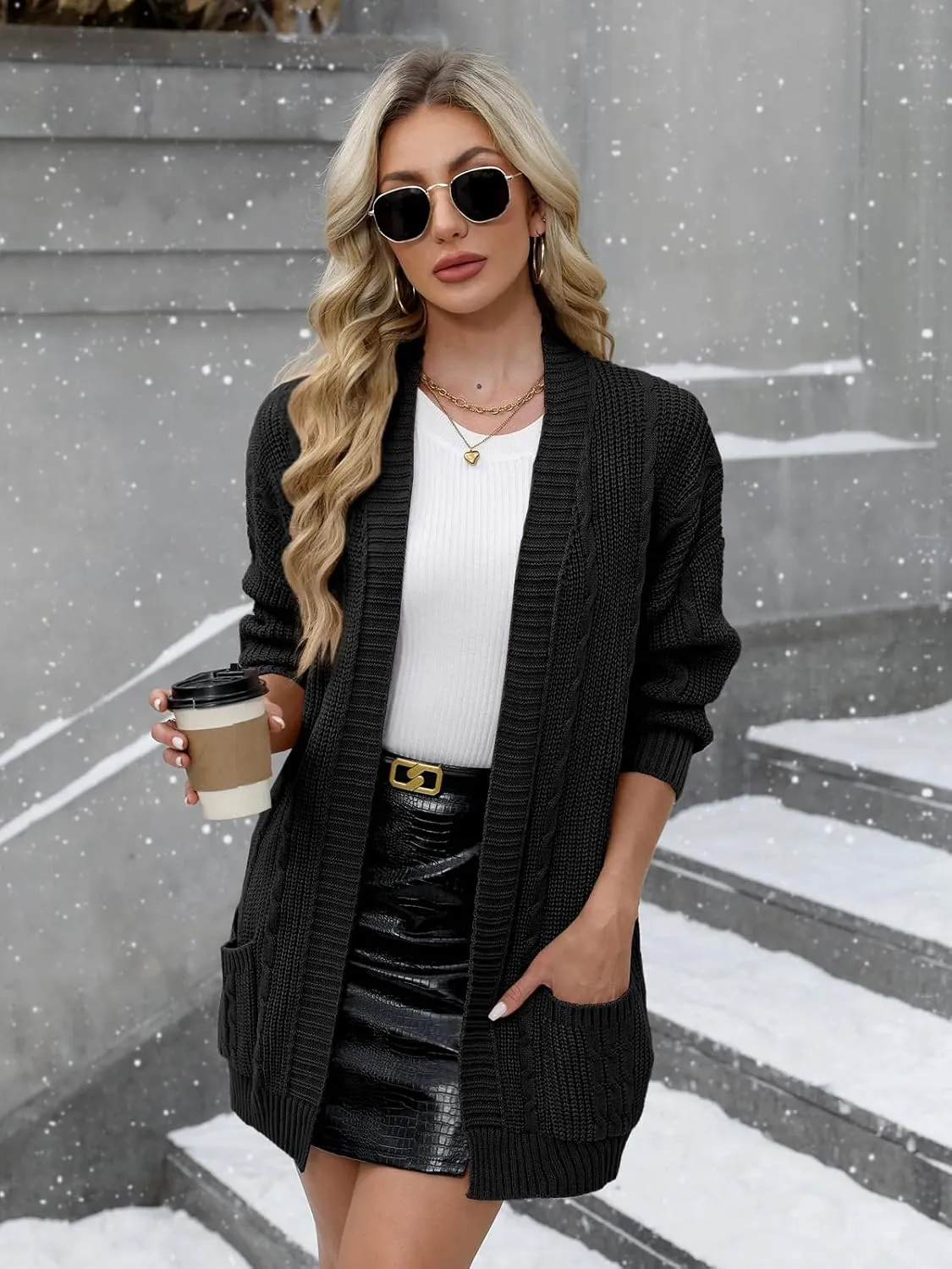 For G and PL Women's V-Neck Long Sleeve Cardigan Cable Knit Open Front with Pockets Sweater Outerwear