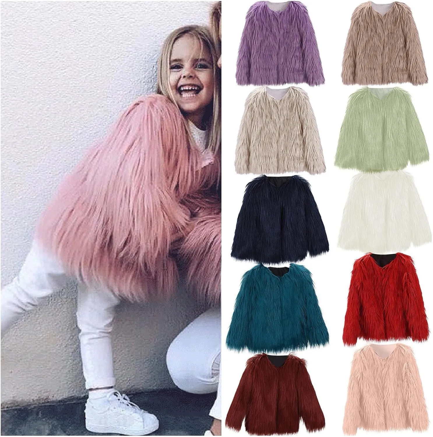 Girls Faux-Fr Jacket Coat Kids Fall Winter Thick Flece Furry Fashion Flffy Fuzzy Warm Outwear Tops Clothes