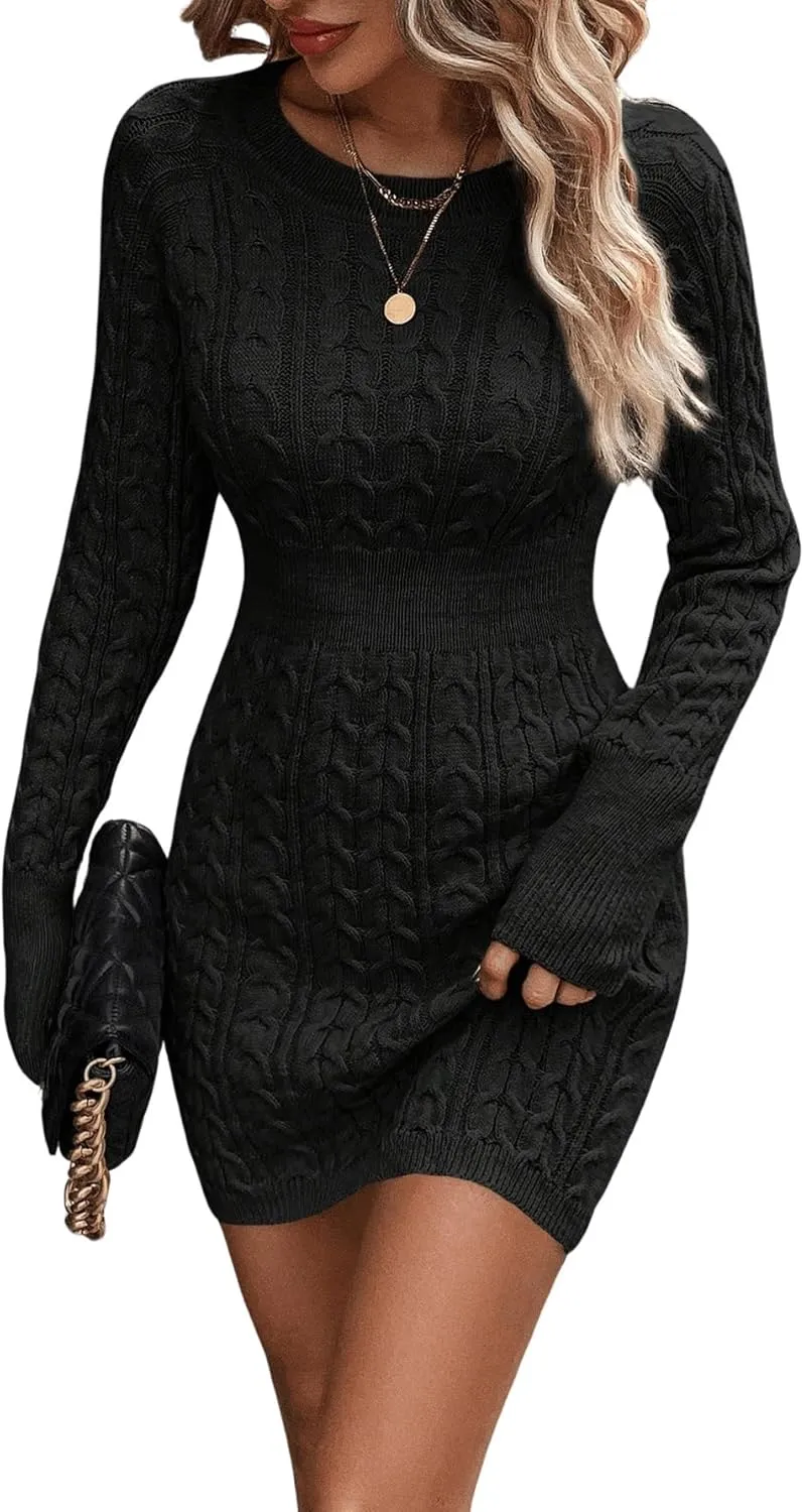 GORGLITTER Women's Cable Knit Sweater Dress Long Sleeve Knit Winter Dresses Crewneck Mini Pencil Dresses