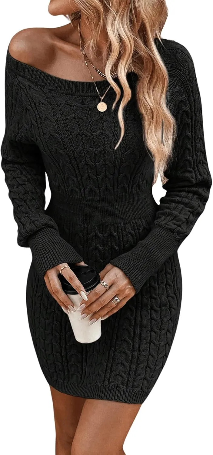 GORGLITTER Women's Cable Knit Sweater Dress Long Sleeve Knit Winter Dresses Crewneck Mini Pencil Dresses