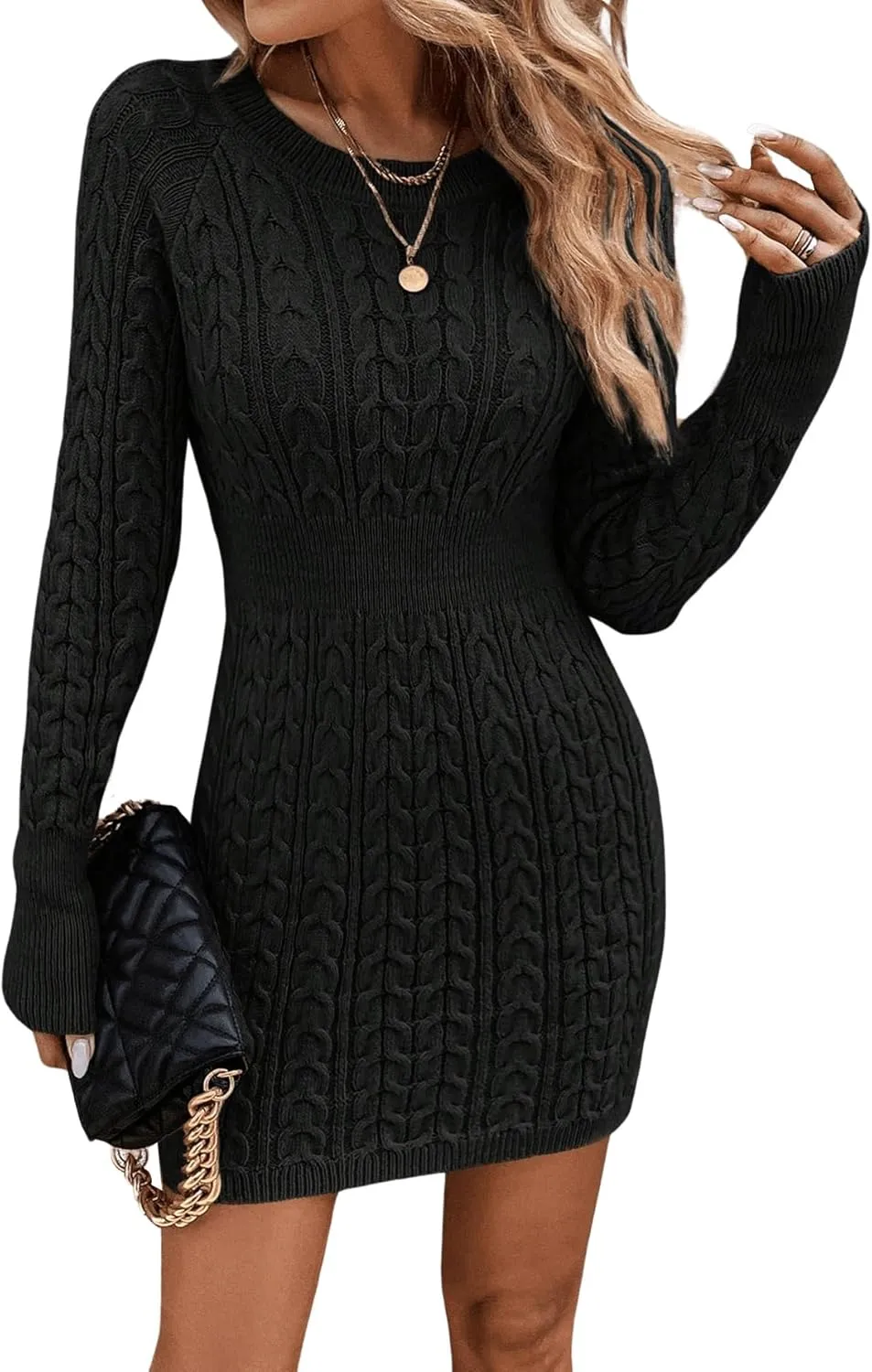 GORGLITTER Women's Cable Knit Sweater Dress Long Sleeve Knit Winter Dresses Crewneck Mini Pencil Dresses