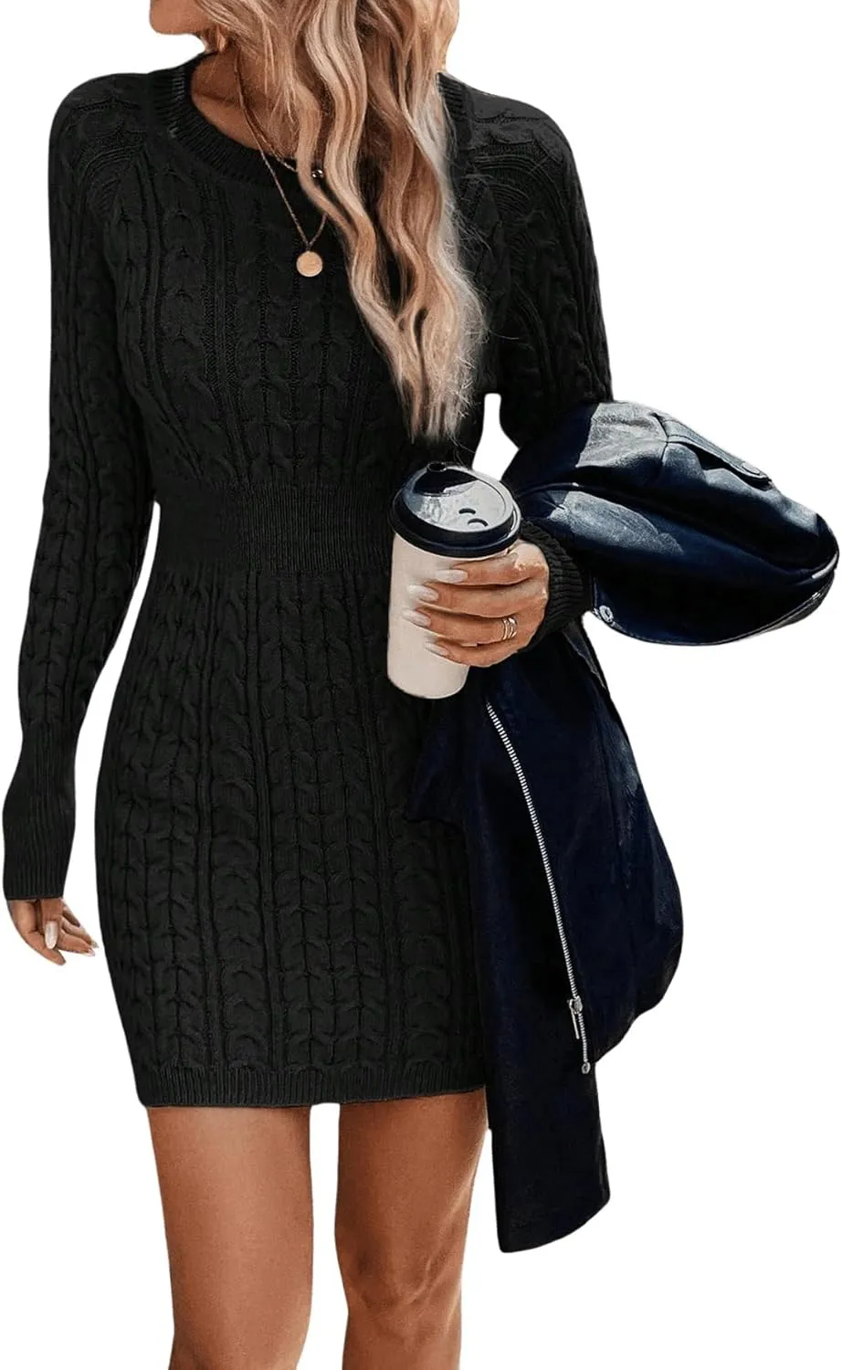 GORGLITTER Women's Cable Knit Sweater Dress Long Sleeve Knit Winter Dresses Crewneck Mini Pencil Dresses