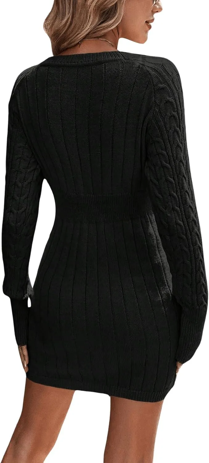 GORGLITTER Women's Cable Knit Sweater Dress Long Sleeve Knit Winter Dresses Crewneck Mini Pencil Dresses