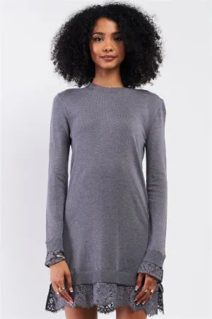 Grey Long Sleeve Mock Neck Relaxed Crochet Lace Hem Detail Sweater Mini Dress /3-3
