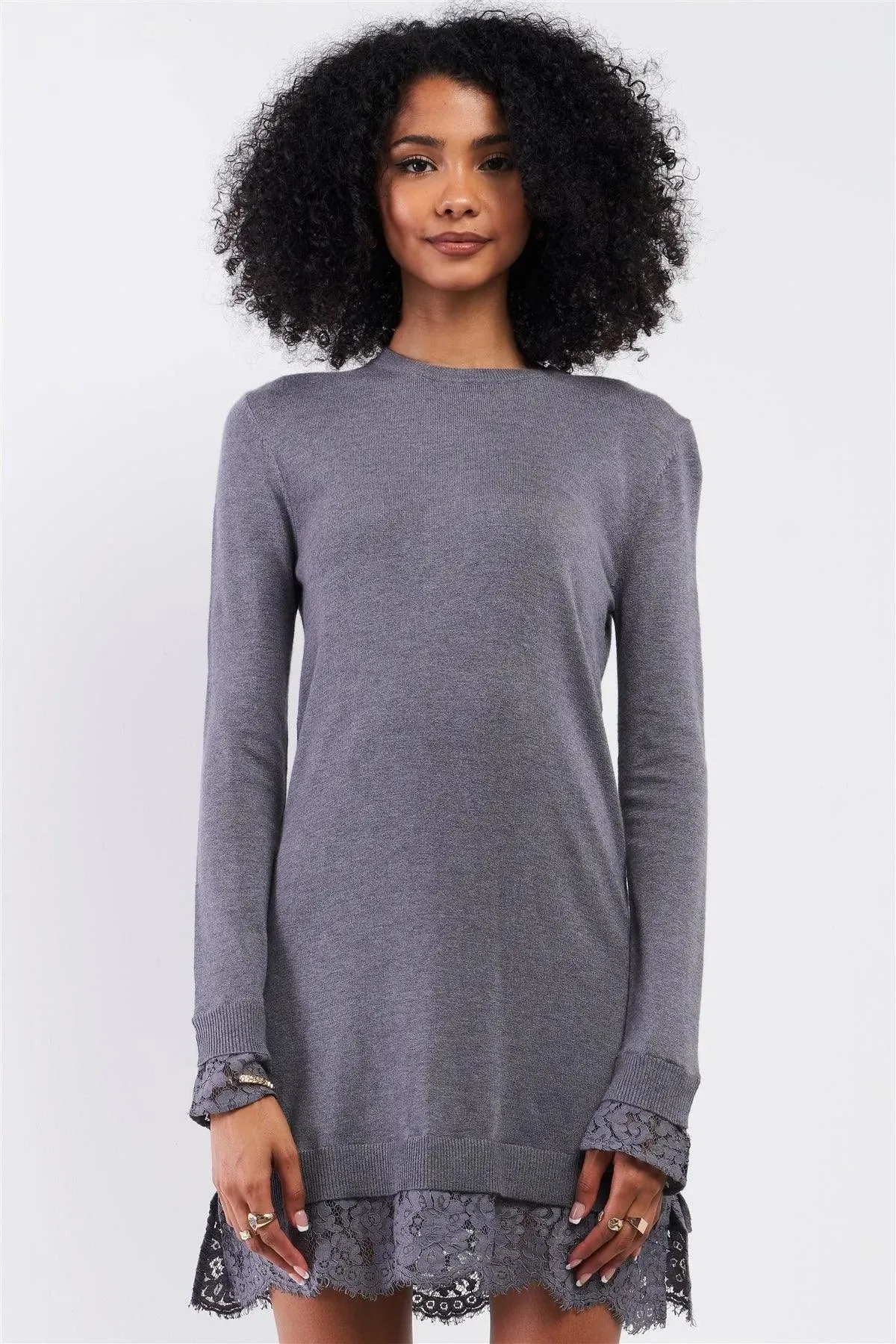 Grey Long Sleeve Mock Neck Relaxed Crochet Lace Hem Detail Sweater Mini Dress /3-3