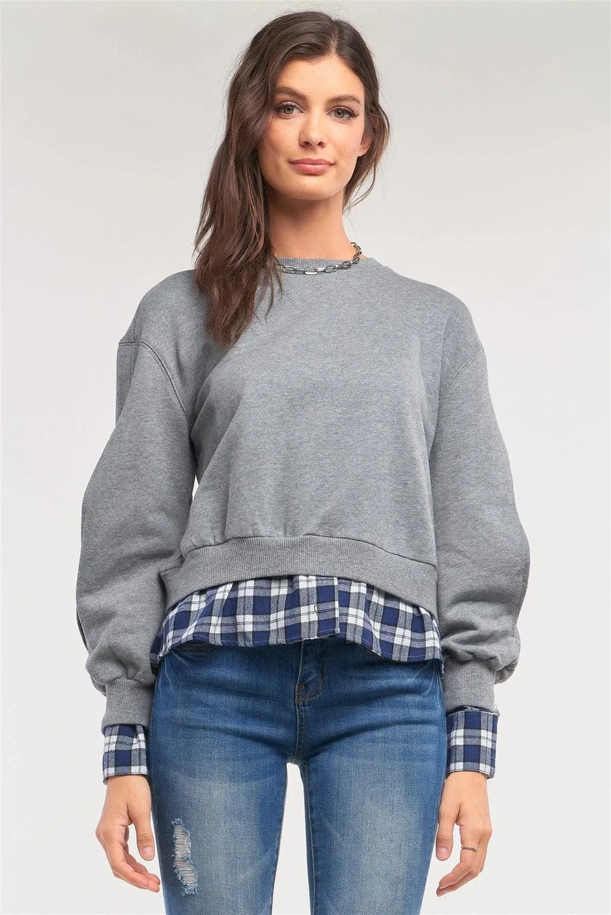 Grey Preppy Style Mock Shirt Checkered Flannel Hem Slit Sleeve Detail Sweater /1-2-2-1