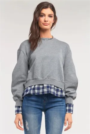 Grey Preppy Style Mock Shirt Checkered Flannel Hem Slit Sleeve Detail Sweater /1-2-2-1