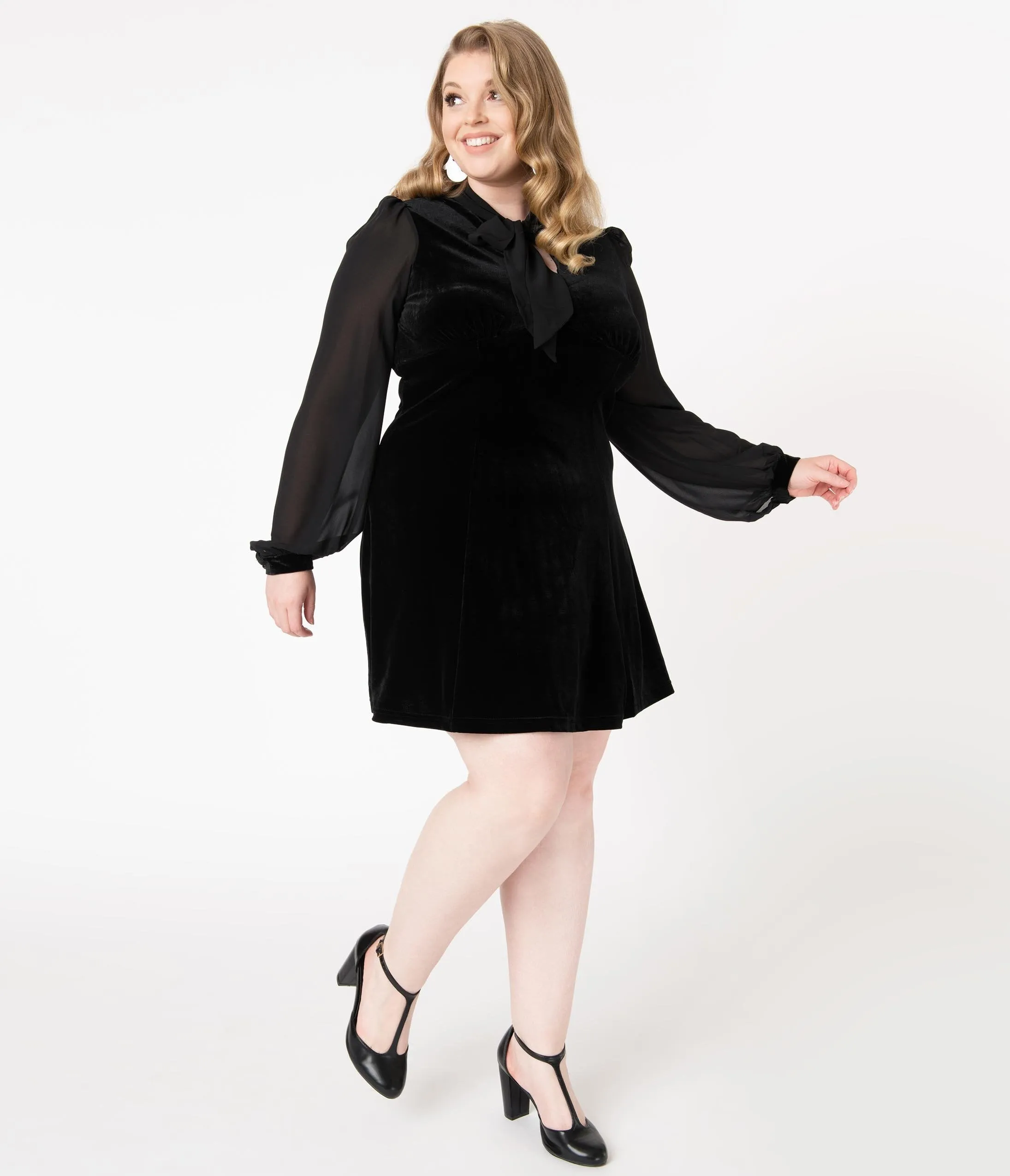 Hell Bunny Plus Size Black Velvet & Chiffon Gabriella Fit & Flare Dress